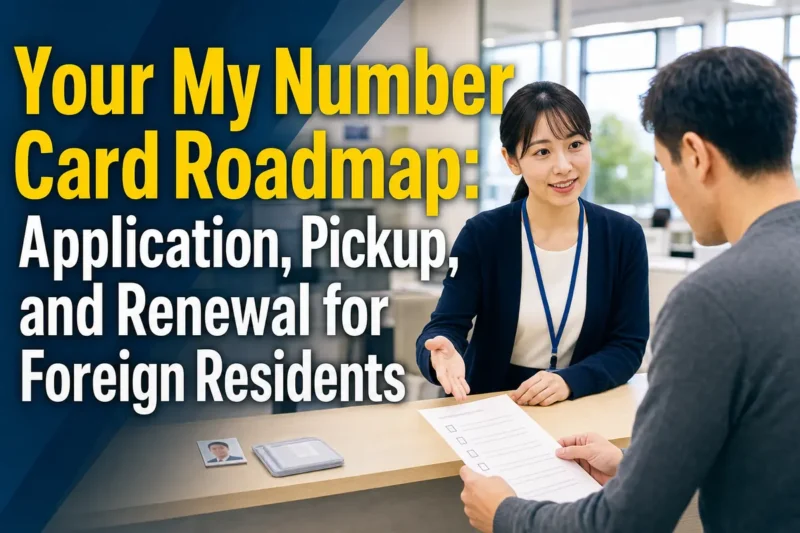 A foreign resident prepares My Number Card documents at a Japanese municipal service counter.