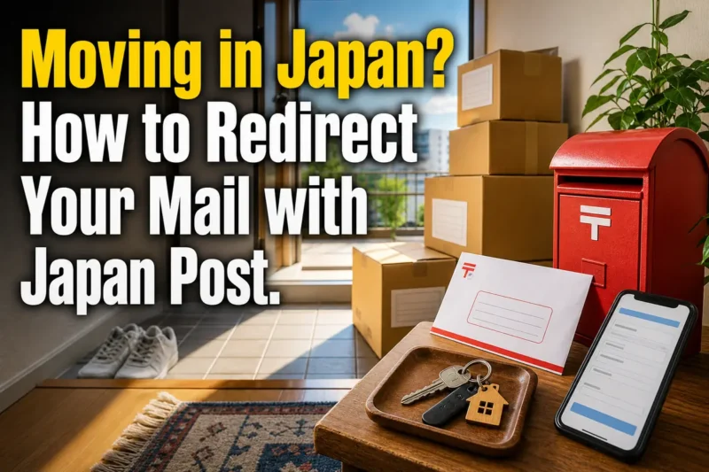 引っ越し荷物のそばで郵便転送手続きを準備する日本の住居玄関。