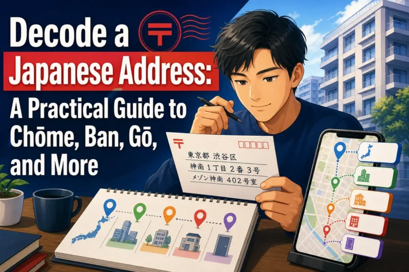 日本の住所を封筒と地図で確認する外国人居住者のイラスト。