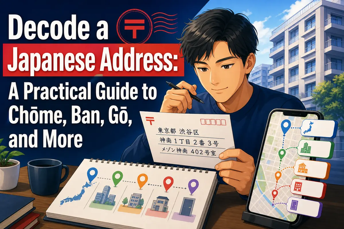日本の住所を封筒と地図で確認する外国人居住者のイラスト。