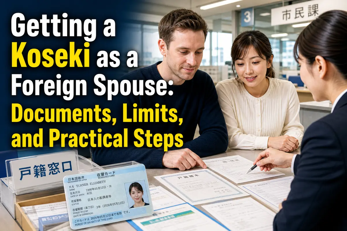 日本の市区町村窓口で戸籍書類を確認する国際結婚の夫婦。