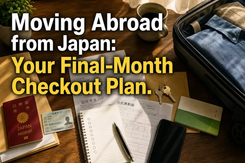 日本からの出国手続きに必要な書類と荷物を整理した机。