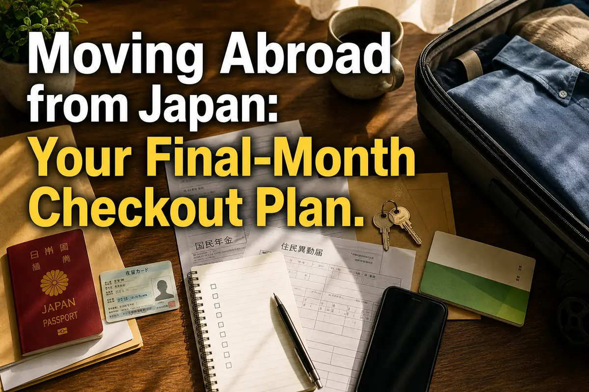 日本からの出国手続きに必要な書類と荷物を整理した机。