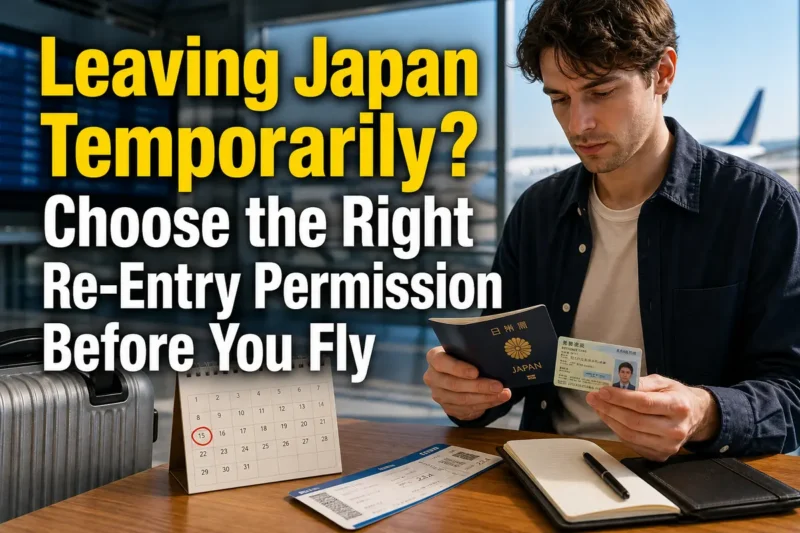 A foreign resident checks travel documents before temporarily leaving Japan.