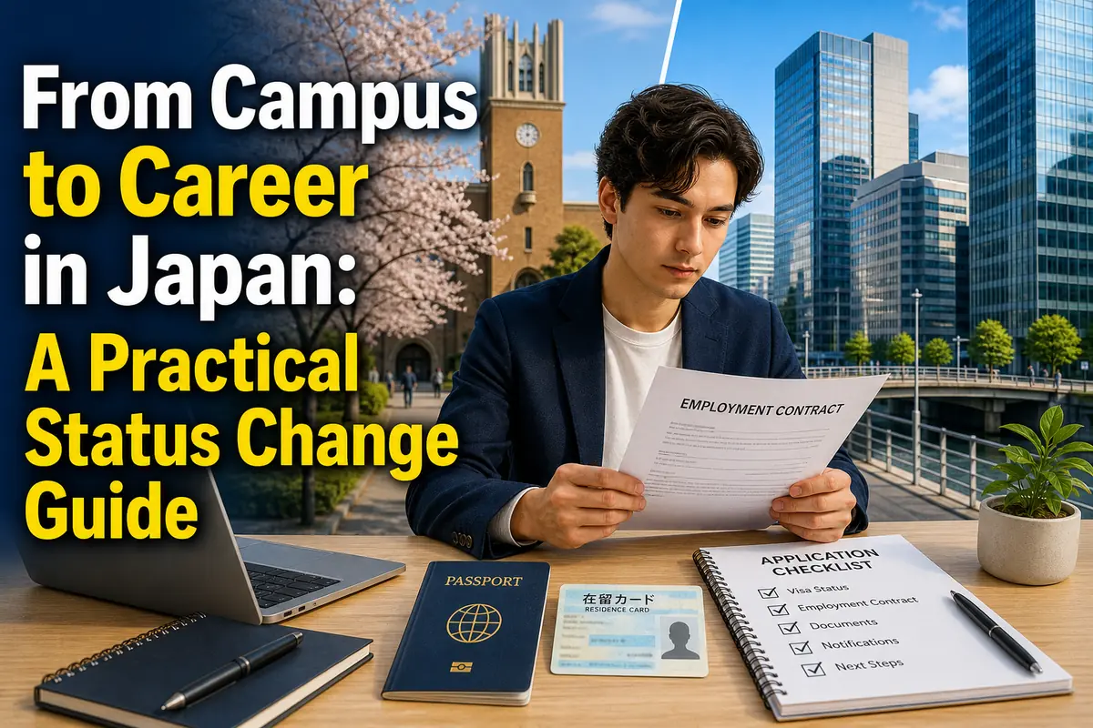 日本の大学卒業生が就職に向けて在留資格変更の書類を確認している。