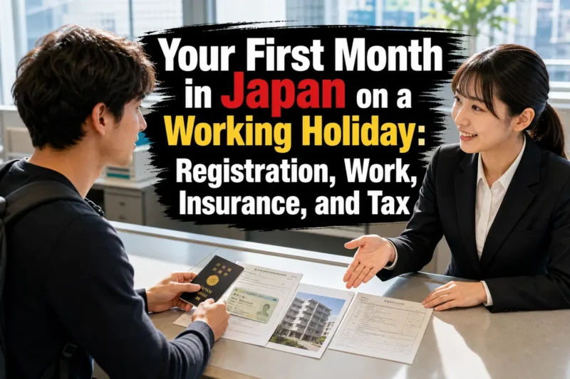 A Working Holiday participant organizes residence and employment documents at a municipal counter in Japan.