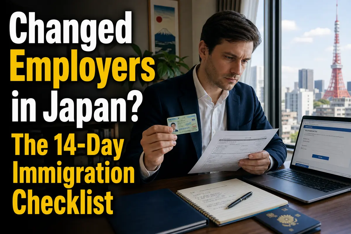A foreign resident checks employment and immigration documents after changing jobs in Japan.