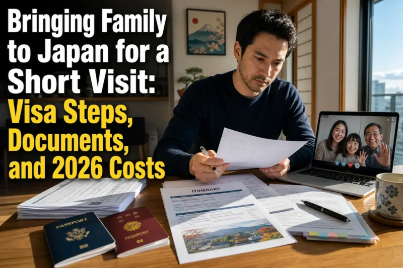 A resident in Japan prepares short-visit documents while speaking with family online.