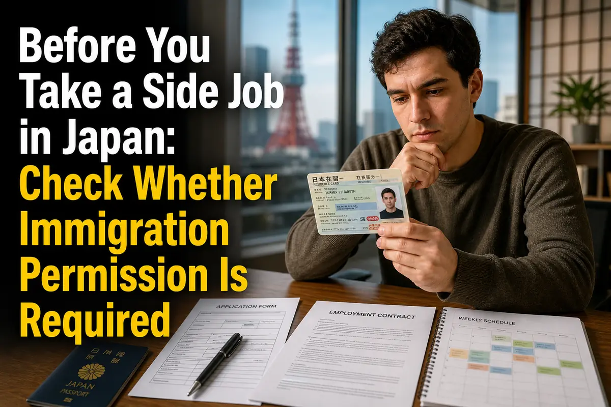 A foreign resident checks immigration and side-job documents at a desk in Japan.