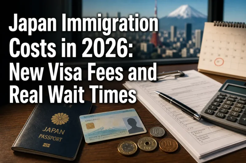 A passport, residence card, calendar, and yen arranged for planning a Japan immigration application.