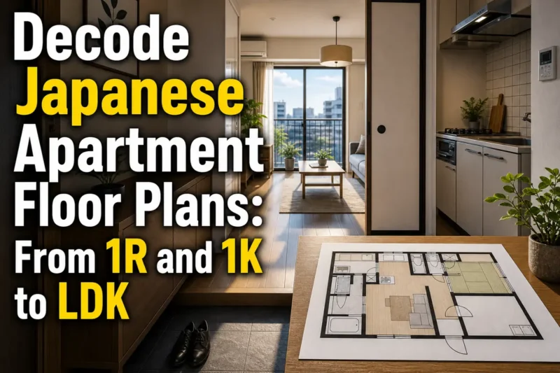 日本の賃貸住宅の間取りを確認するため、室内と図面を見比べている様子。