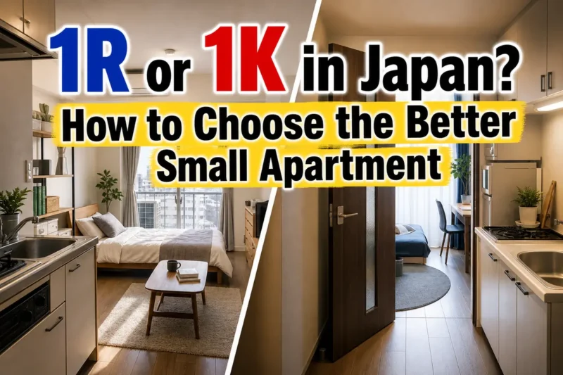 An open studio and a partitioned small apartment illustrate the difference between 1R and 1K layouts in Japan.