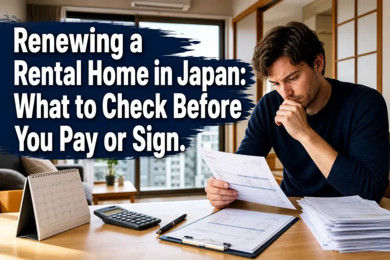 日本の賃貸住宅で契約更新書類と費用を確認する外国人居住者。