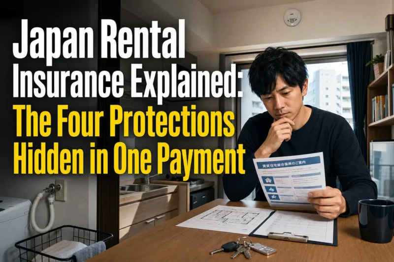 A tenant reviews rental insurance documents inside a Japanese apartment.
