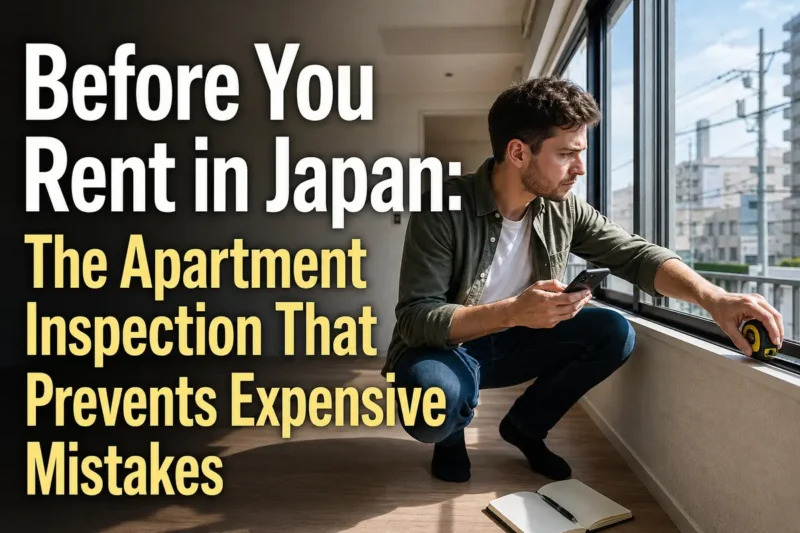 外国人入居者が契約前に日本の賃貸住宅を採寸しながら点検している。
