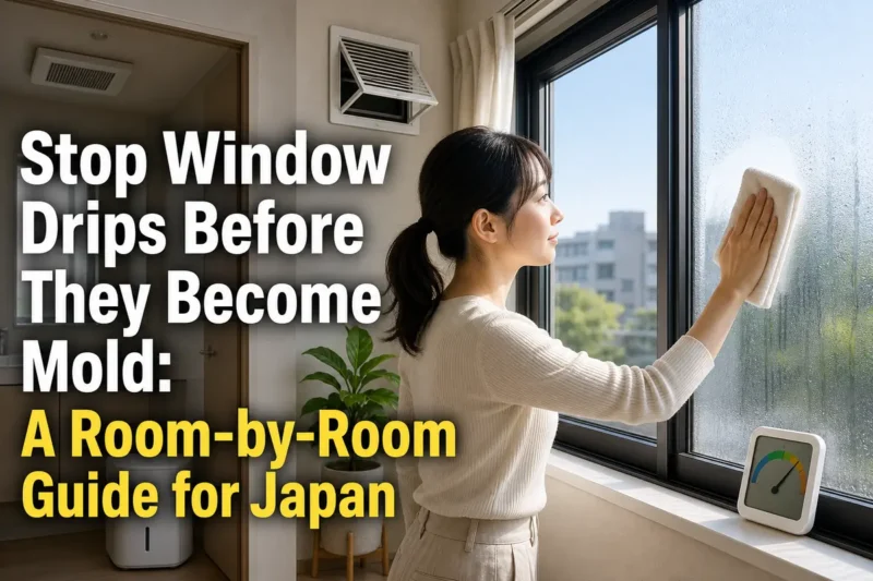 日本の部屋で窓の結露を拭き取り、湿度と換気を確認している様子。