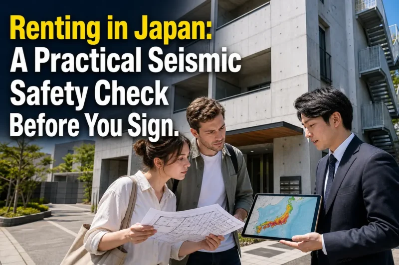 日本の賃貸マンション前で耐震資料を確認する入居希望者と不動産担当者。