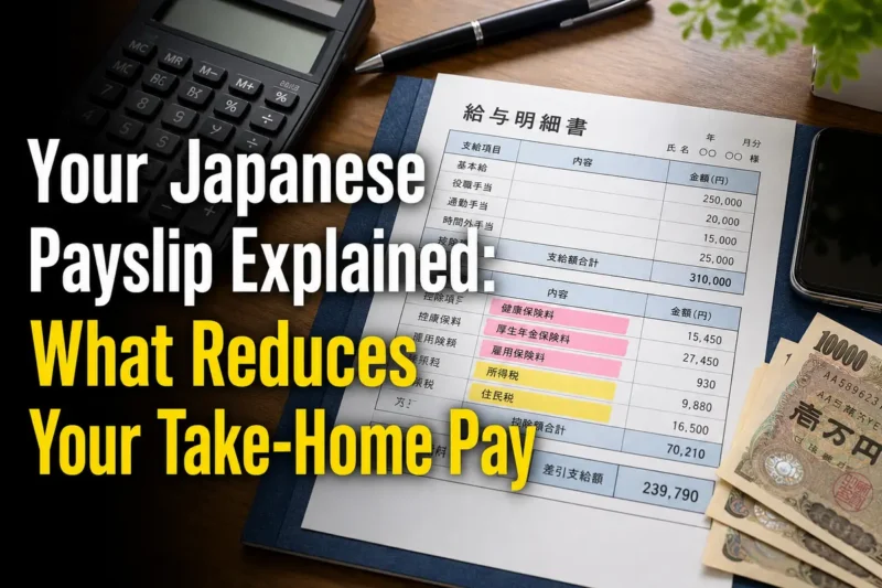 日本の給与明細を電卓とともに確認するデスクの様子。