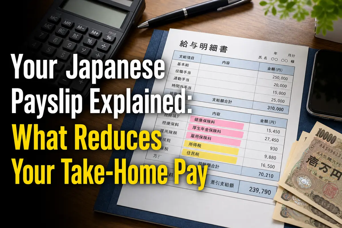 日本の給与明細を電卓とともに確認するデスクの様子。