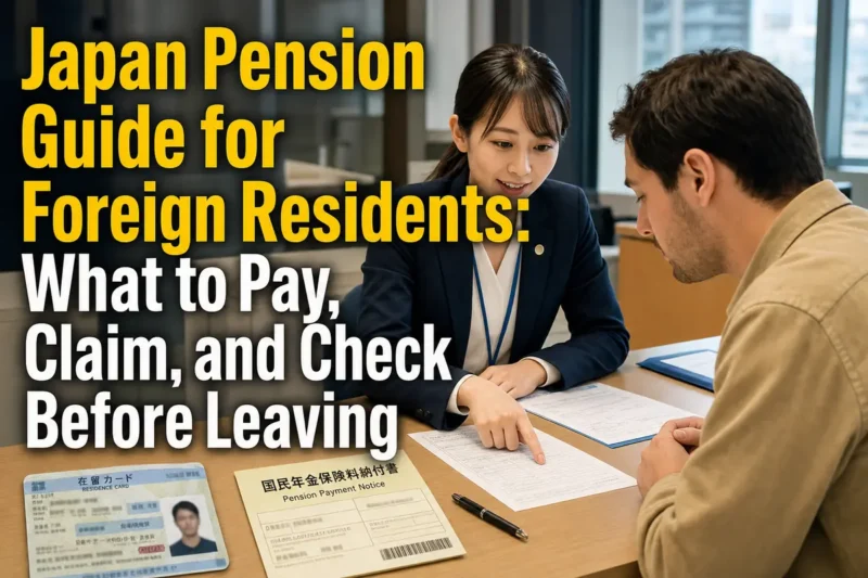 A foreign resident reviews pension documents at a municipal service counter in Japan.