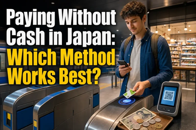 A foreign resident compares an IC card, smartphone payment, bank card, and cash at a Japanese station.