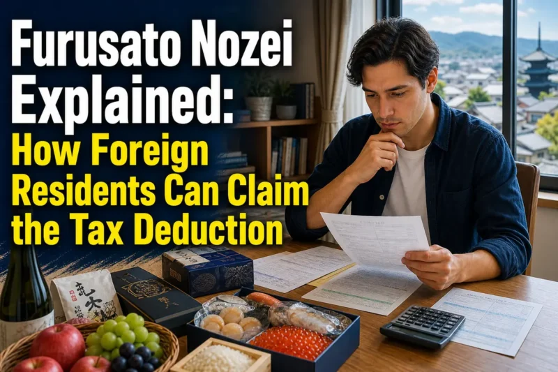 A foreign resident checks furusato nozei documents and regional gifts at home in Japan.