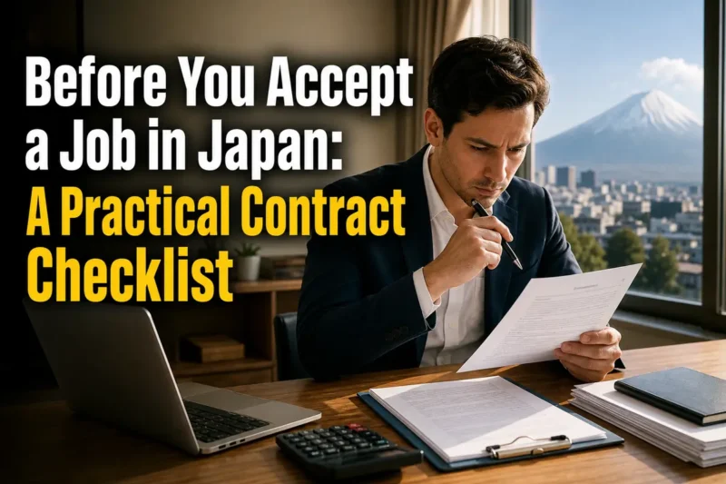 日本の雇用契約書を確認する外国人労働者。