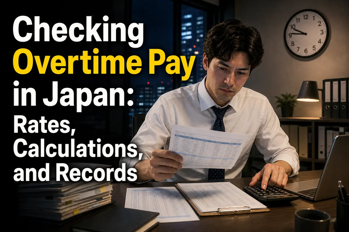 A worker checks a payslip and overtime records at a desk in Japan.