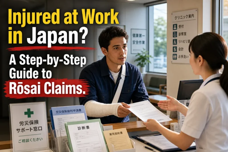 A foreign worker with a bandaged arm discusses workplace injury documents at a clinic in Japan.