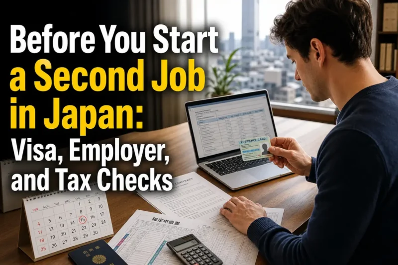 A foreign resident checks immigration, employment, and tax documents before starting a side job in Japan.