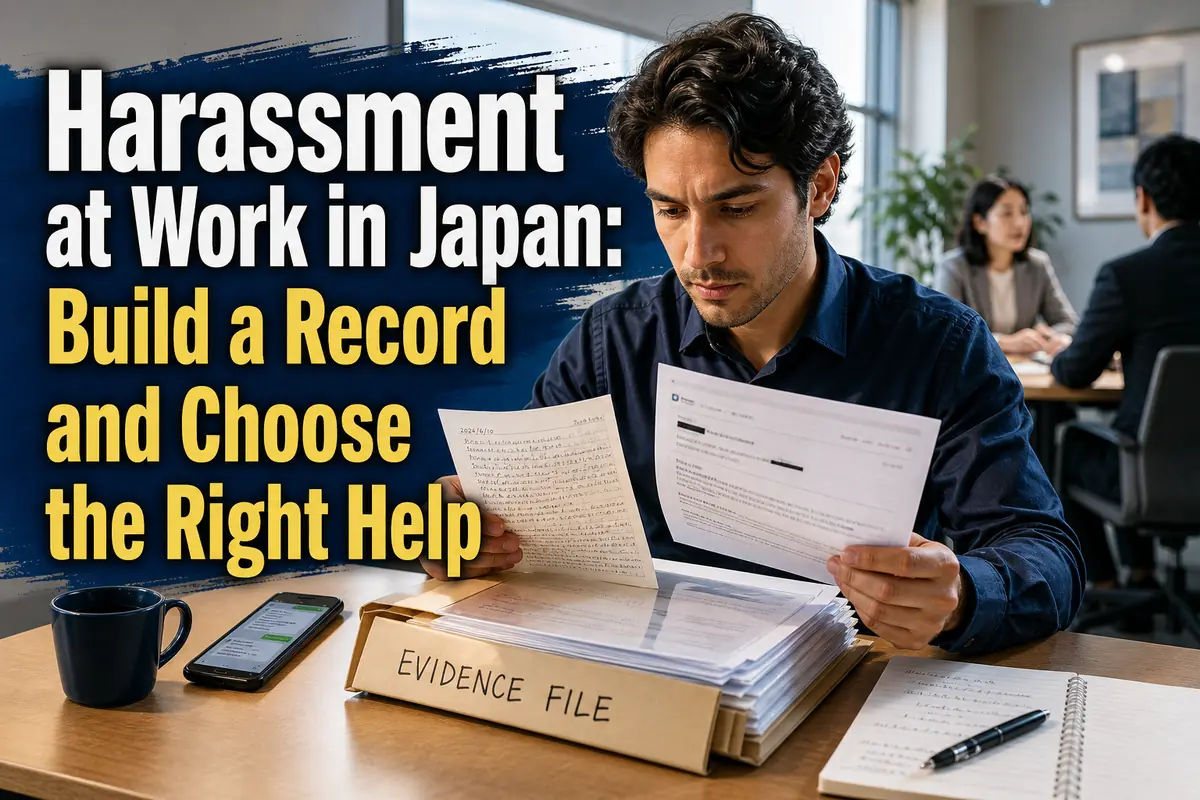 A foreign worker in Japan organizes workplace records before seeking advice.