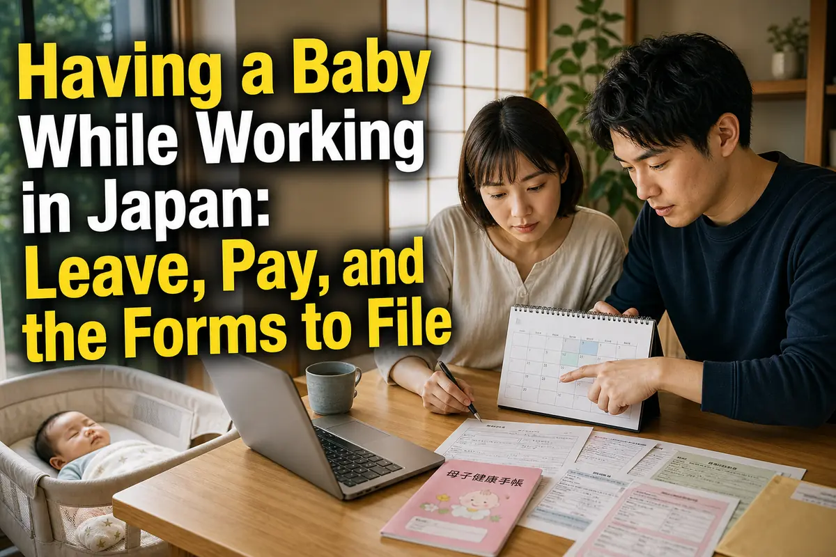 日本の自宅で育児休業の書類と予定を確認する両親。