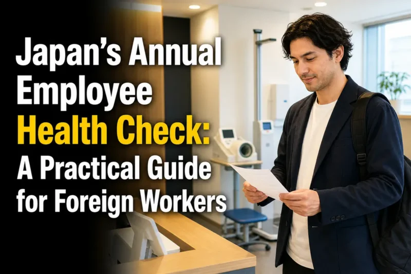 A foreign employee checks annual medical examination details at a clinic in Japan.