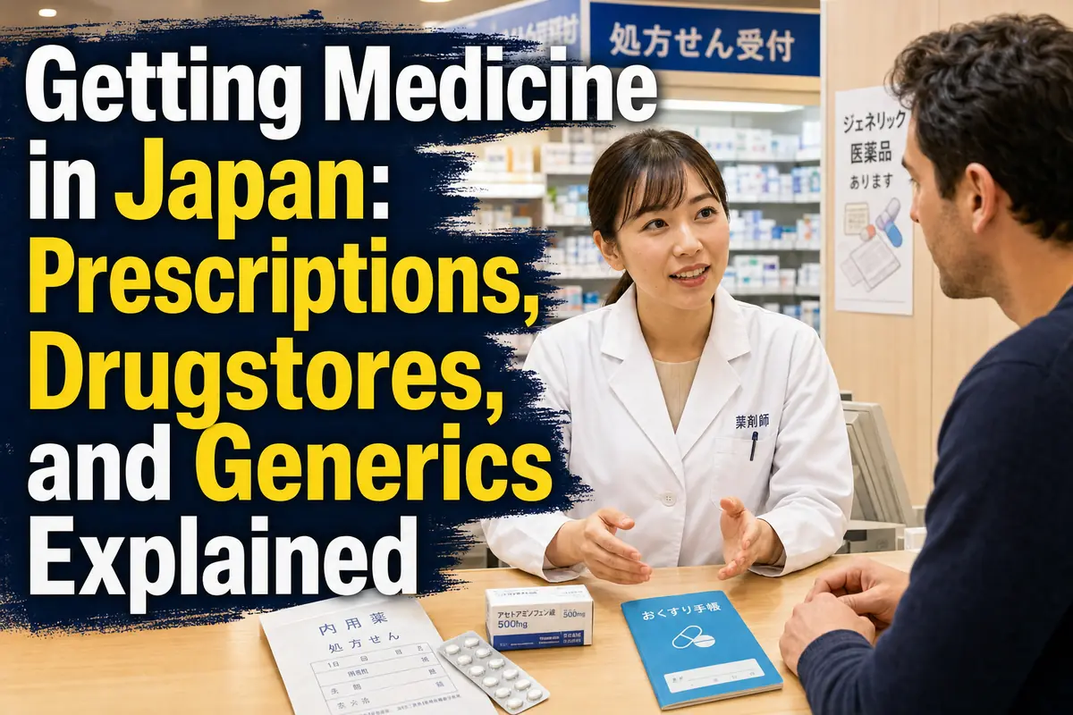 日本の調剤薬局で薬剤師から処方薬の説明を受ける外国人居住者。