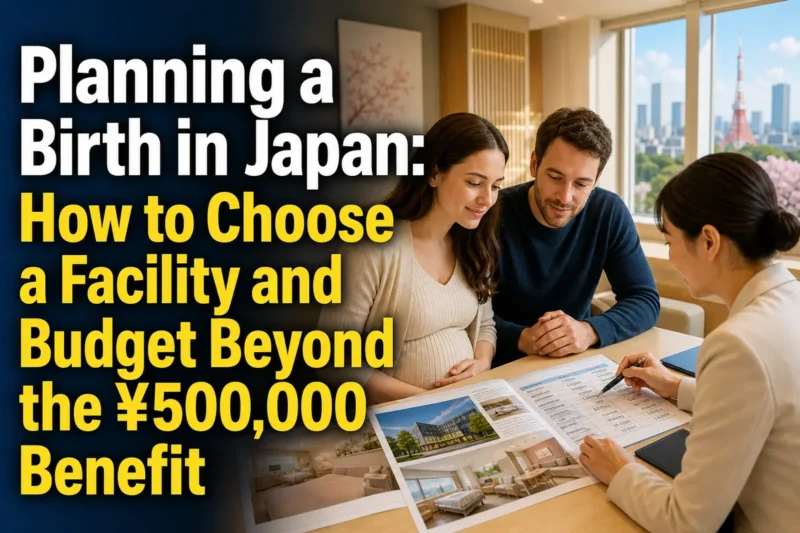 日本の出産施設で費用と入院計画を確認する外国人家族。