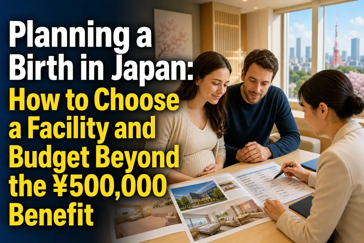 日本の出産施設で費用と入院計画を確認する外国人家族。