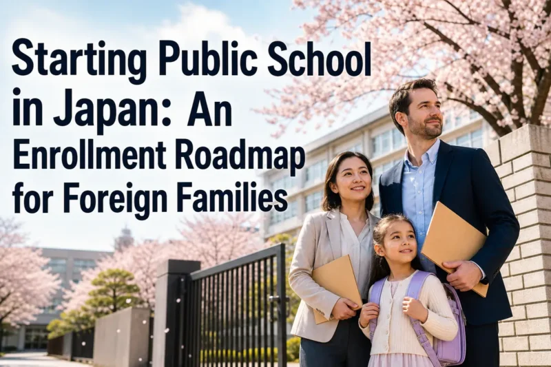 A foreign family prepares to enter a Japanese public school with enrollment documents.