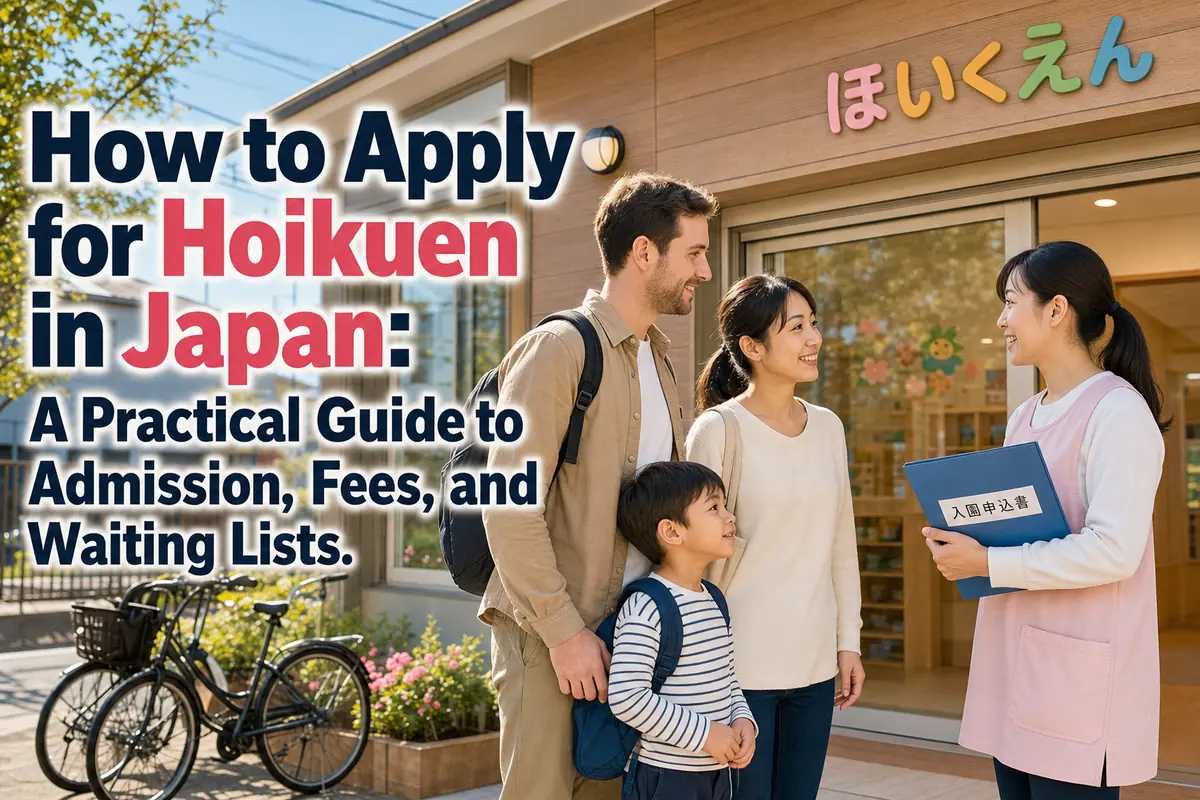日本の保育施設の前で職員に相談する外国人家族。
