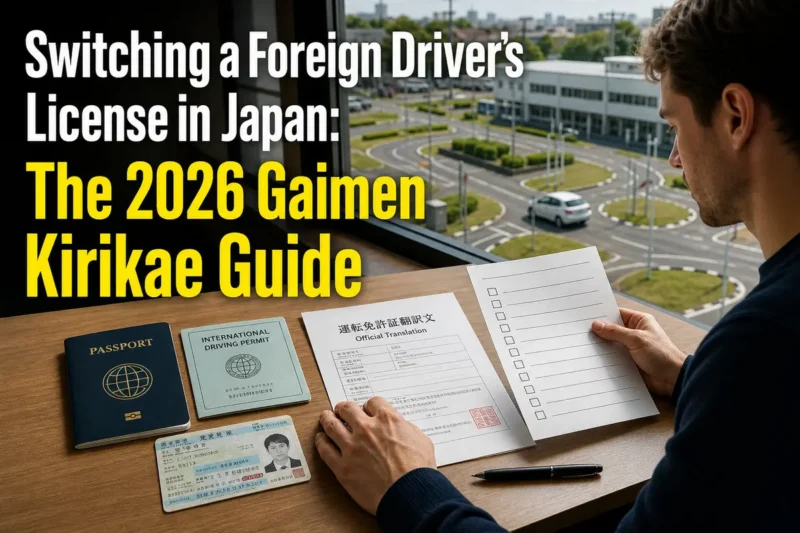 外国免許の切替に必要な書類を机上で準備する様子。