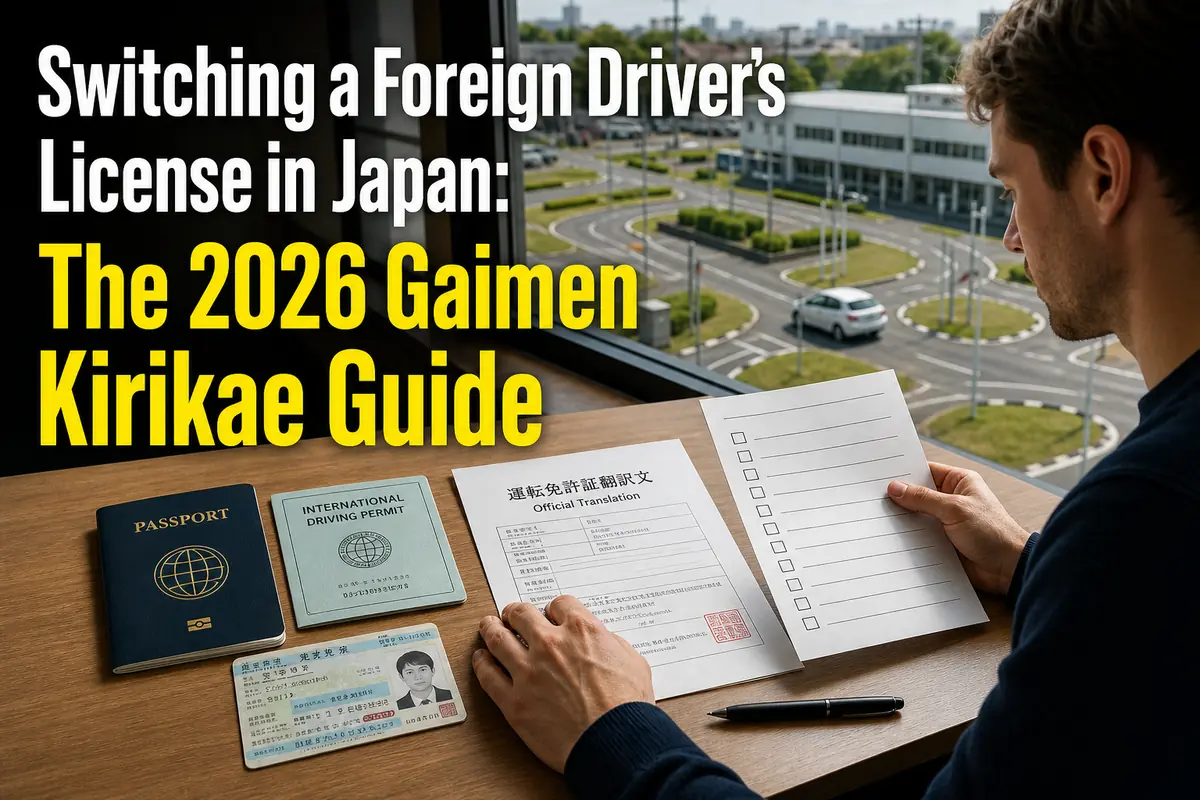 外国免許の切替に必要な書類を机上で準備する様子。