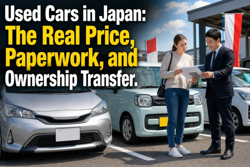 日本の中古車販売店で見積書と車両書類を確認する購入者。