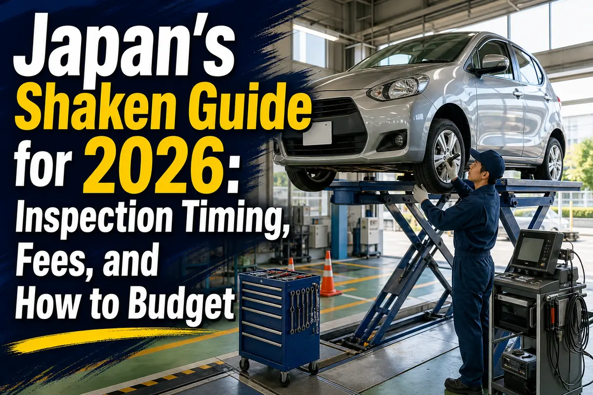 A car undergoes a shaken inspection at a Japanese service center.