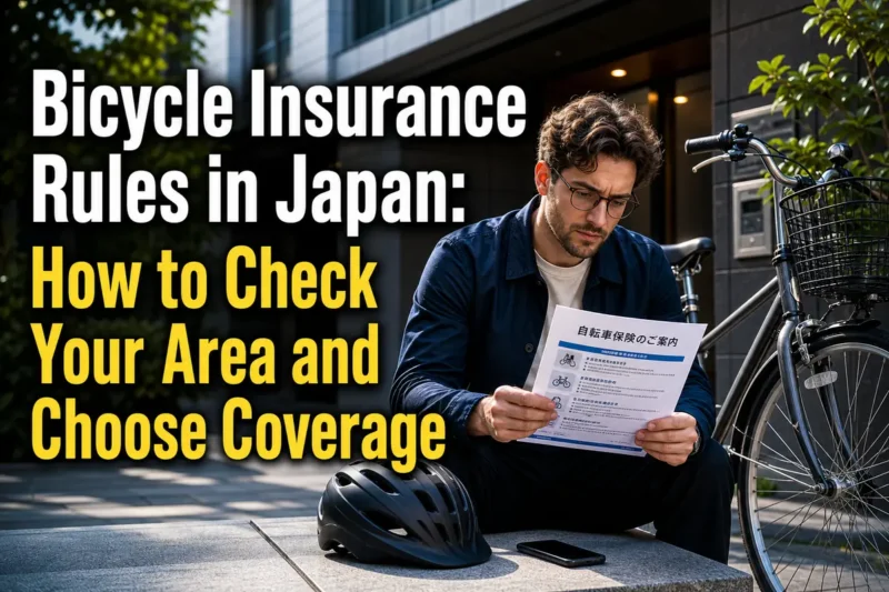 日本の集合住宅前で自転車保険の書類を確認する外国人居住者。