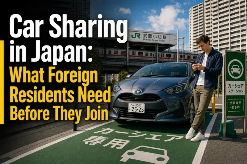 A resident uses a smartphone beside a shared car at an urban station in Japan.