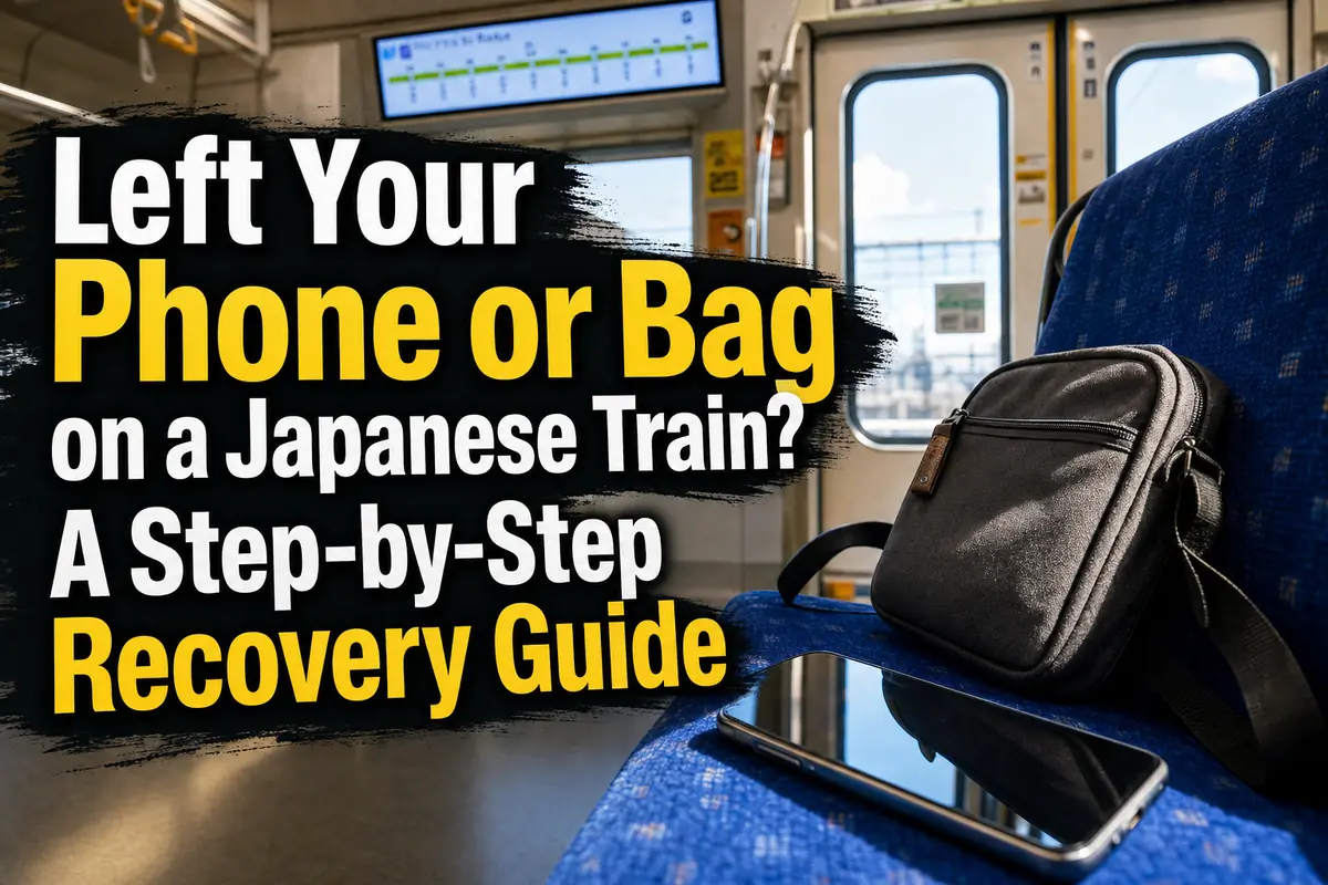 日本の通勤電車の座席にスマートフォンとバッグが置き忘れられている様子。