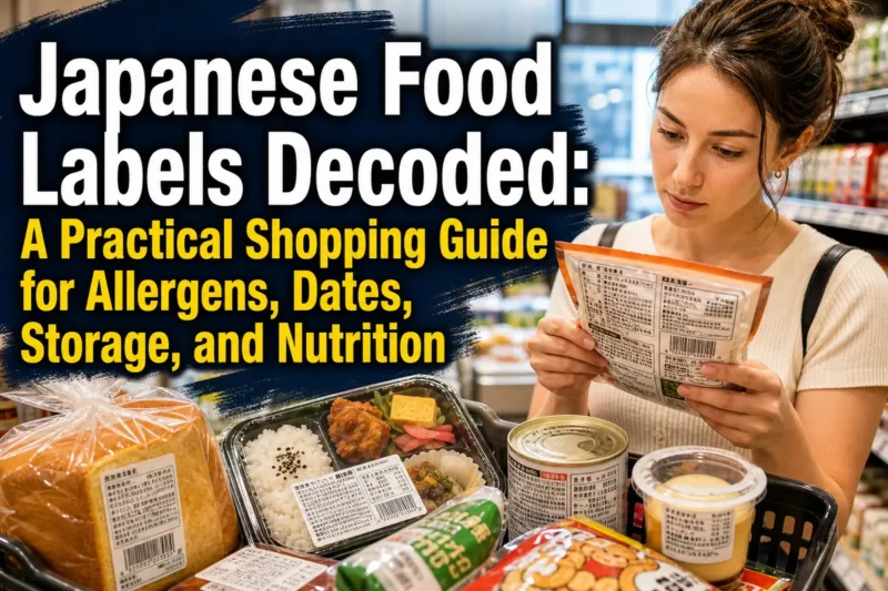 A shopper checks ingredient and nutrition labels on packaged food in a Japanese supermarket.