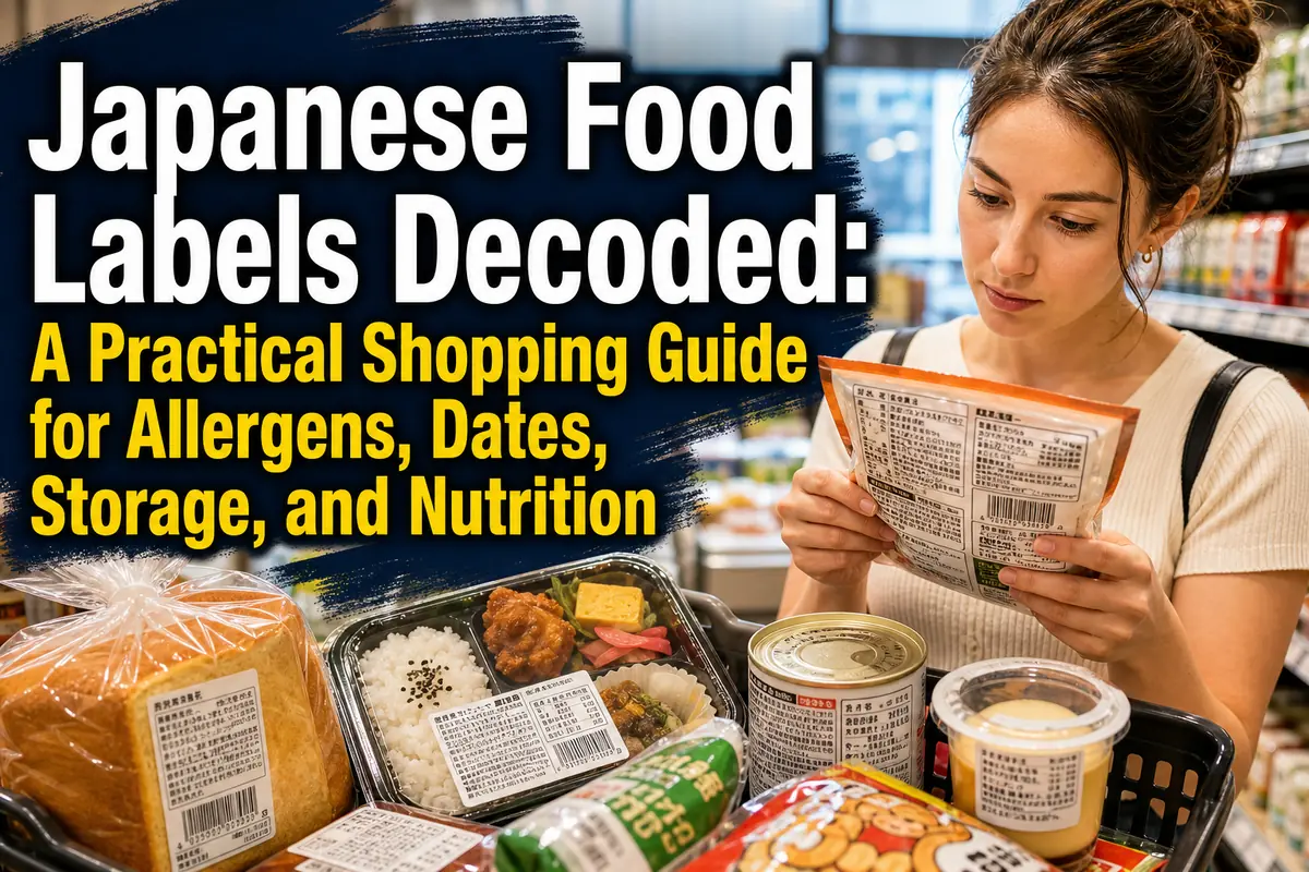 A shopper checks ingredient and nutrition labels on packaged food in a Japanese supermarket.