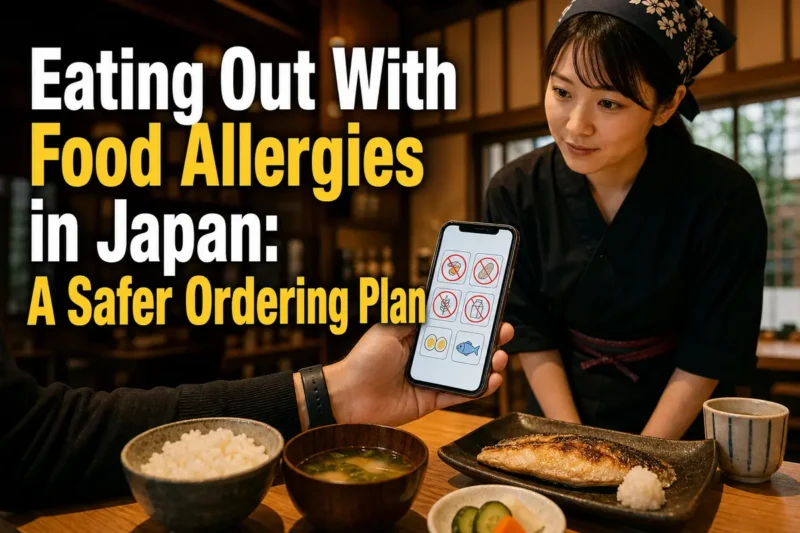 A diner shows an allergy communication card on a smartphone to restaurant staff in Japan.
