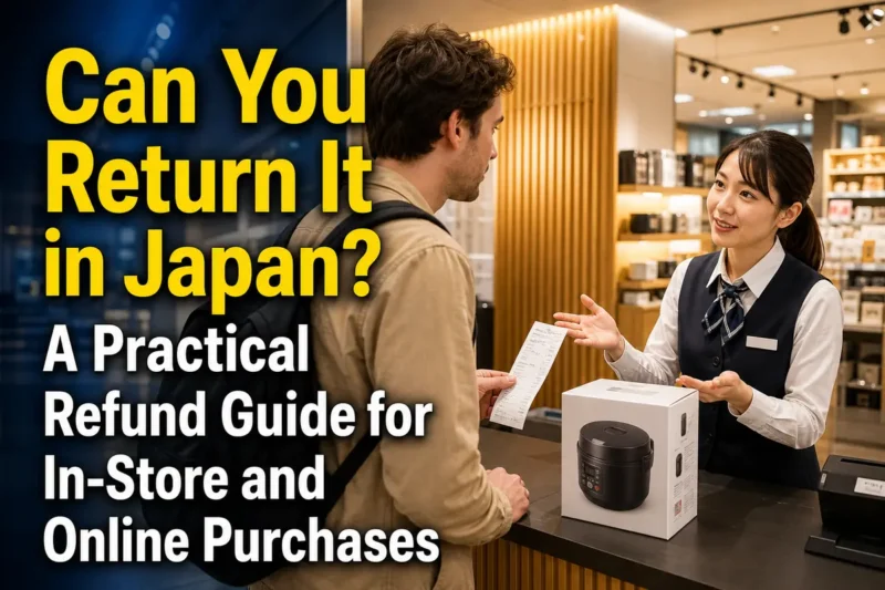 A shopper asks an employee about returning a boxed purchase at a customer service counter in Japan.