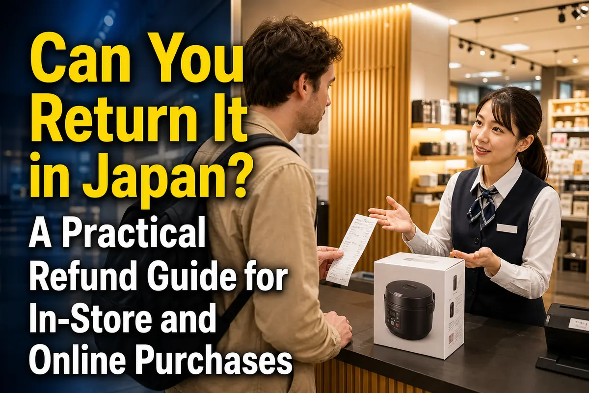 A shopper asks an employee about returning a boxed purchase at a customer service counter in Japan.